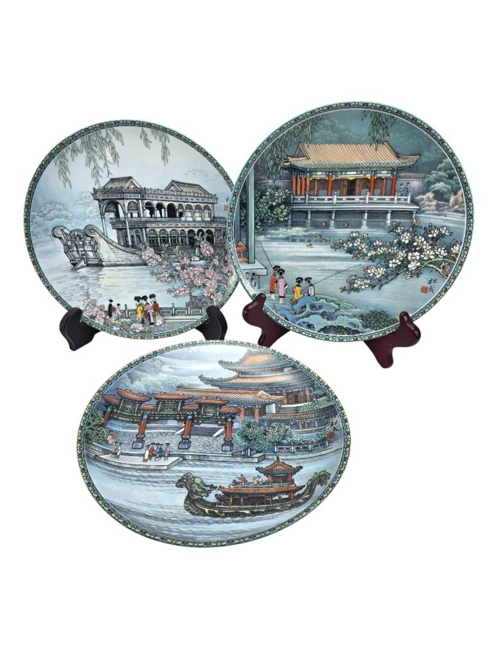 Imperial Jingdezhen Blue Chinese Porcelain Plates Scenic Waterside Art JE349